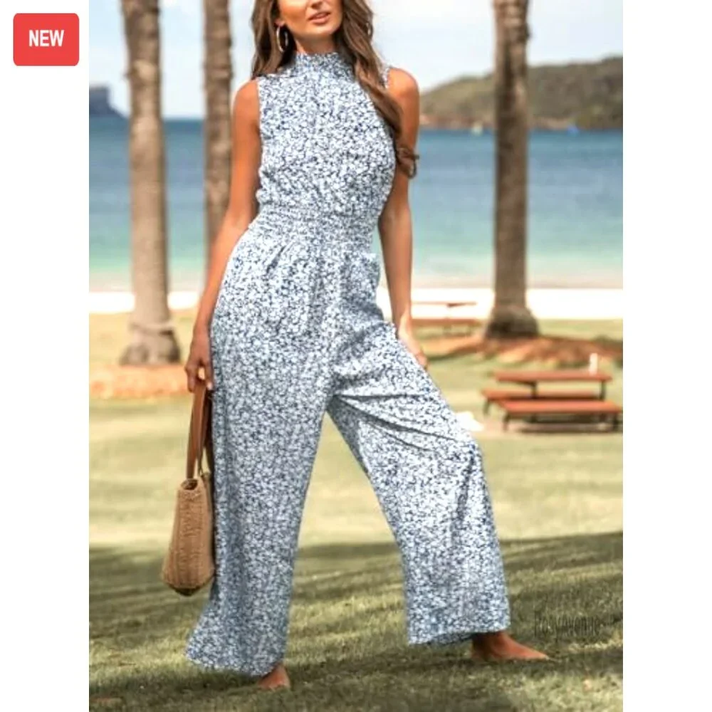 Floral Maxi Jumpsuit with Pocket Mock Neck Elastic Waist Wide Leg - Picture 3 of 7